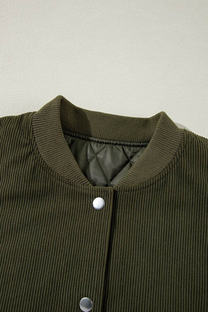 Mist Green Corduroy Fleece Patchwork Buttoned Bomber Jacket - Fashion Queen -  9