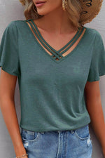 Load image into Gallery viewer, Mist Green Crisscross V Neck Butterfly Sleeve T Shirt - Fashion Queen -  1
