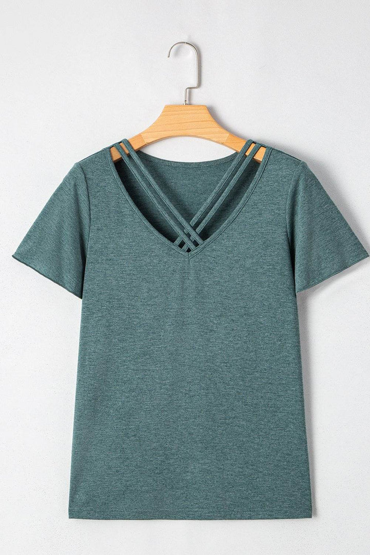 Mist Green Crisscross V Neck Butterfly Sleeve T Shirt - Fashion Queen -  4