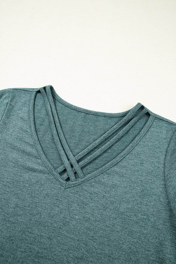 Mist Green Crisscross V Neck Butterfly Sleeve T Shirt - Fashion Queen -  6