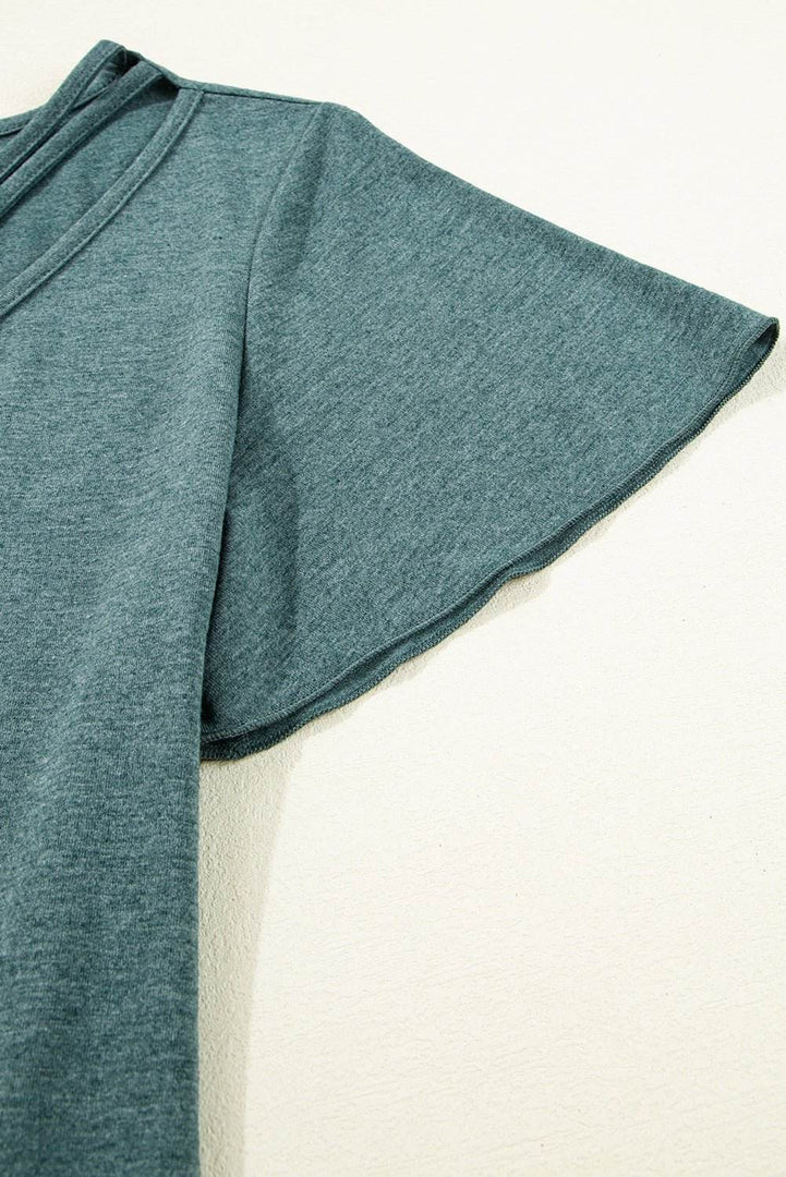 Mist Green Crisscross V Neck Butterfly Sleeve T Shirt - Fashion Queen -  8