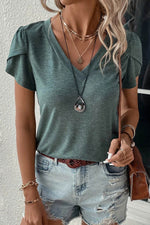 Load image into Gallery viewer, Mist Green Fashion Petal Sleeve V Neck T Shirt - Fashion Queen -  1
