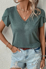 Load image into Gallery viewer, Mist Green Fashion Petal Sleeve V Neck T Shirt - Fashion Queen -  11
