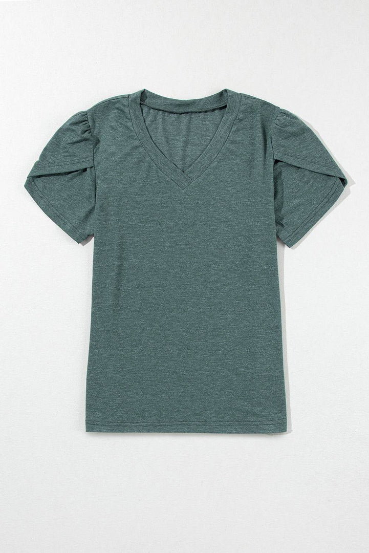 Mist Green Fashion Petal Sleeve V Neck T Shirt - Fashion Queen -  13