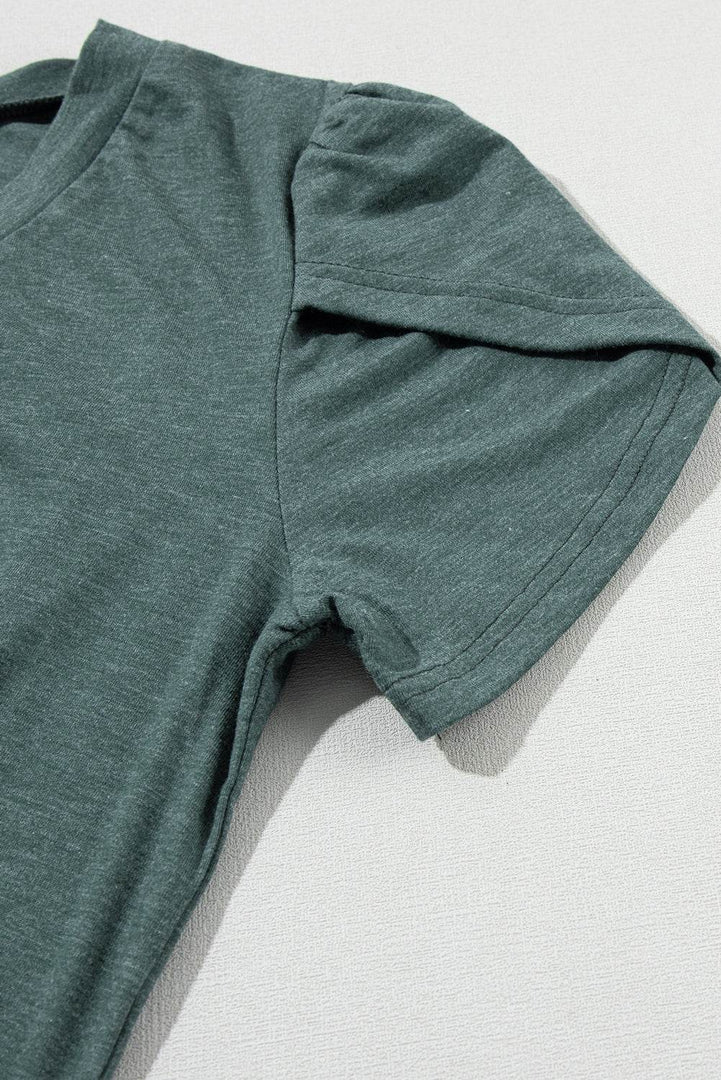 Mist Green Fashion Petal Sleeve V Neck T Shirt - Fashion Queen -  16
