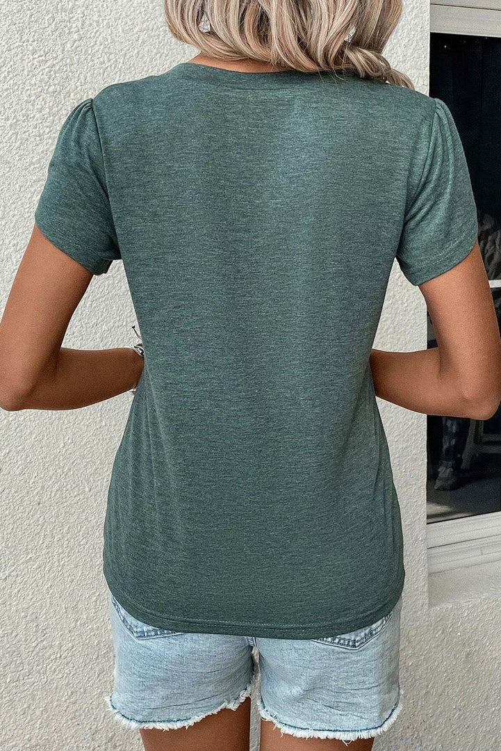 Mist Green Fashion Petal Sleeve V Neck T Shirt - Fashion Queen -  2