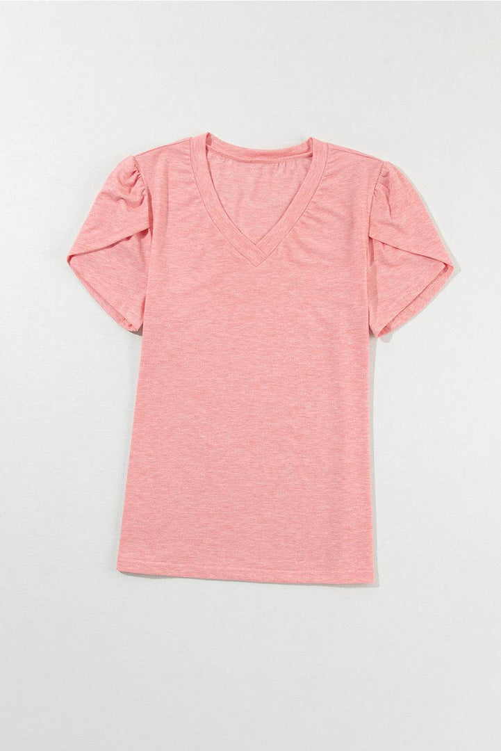 Mist Green Fashion Petal Sleeve V Neck T Shirt - Fashion Queen -  23