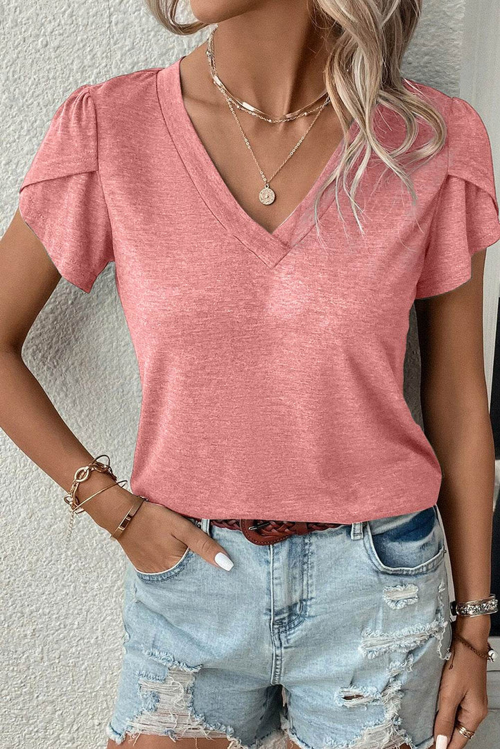 Mist Green Fashion Petal Sleeve V Neck T Shirt - Fashion Queen -  9