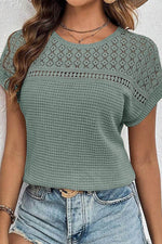Load image into Gallery viewer, Mist Green Lace Patchwork Waffle Short Sleeve Top - Fashion Queen -  1
