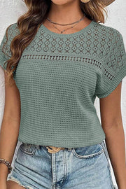 Mist Green Lace Patchwork Waffle Short Sleeve Top - Fashion Queen -  1