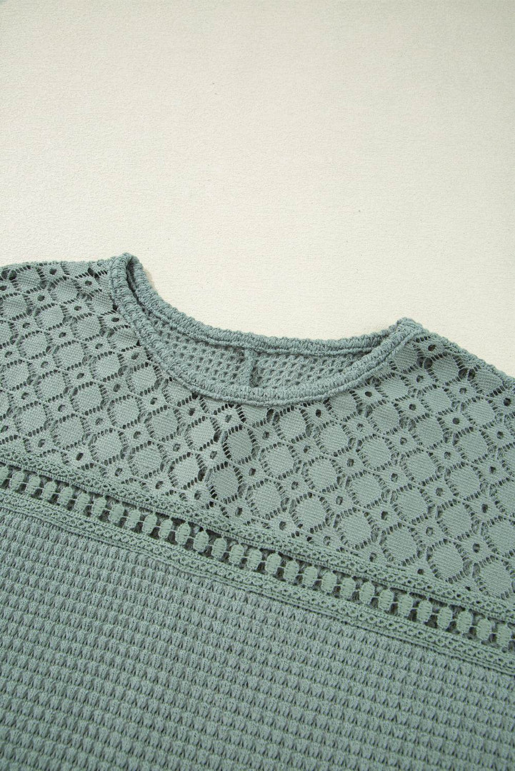 Mist Green Lace Patchwork Waffle Short Sleeve Top - Fashion Queen -  12