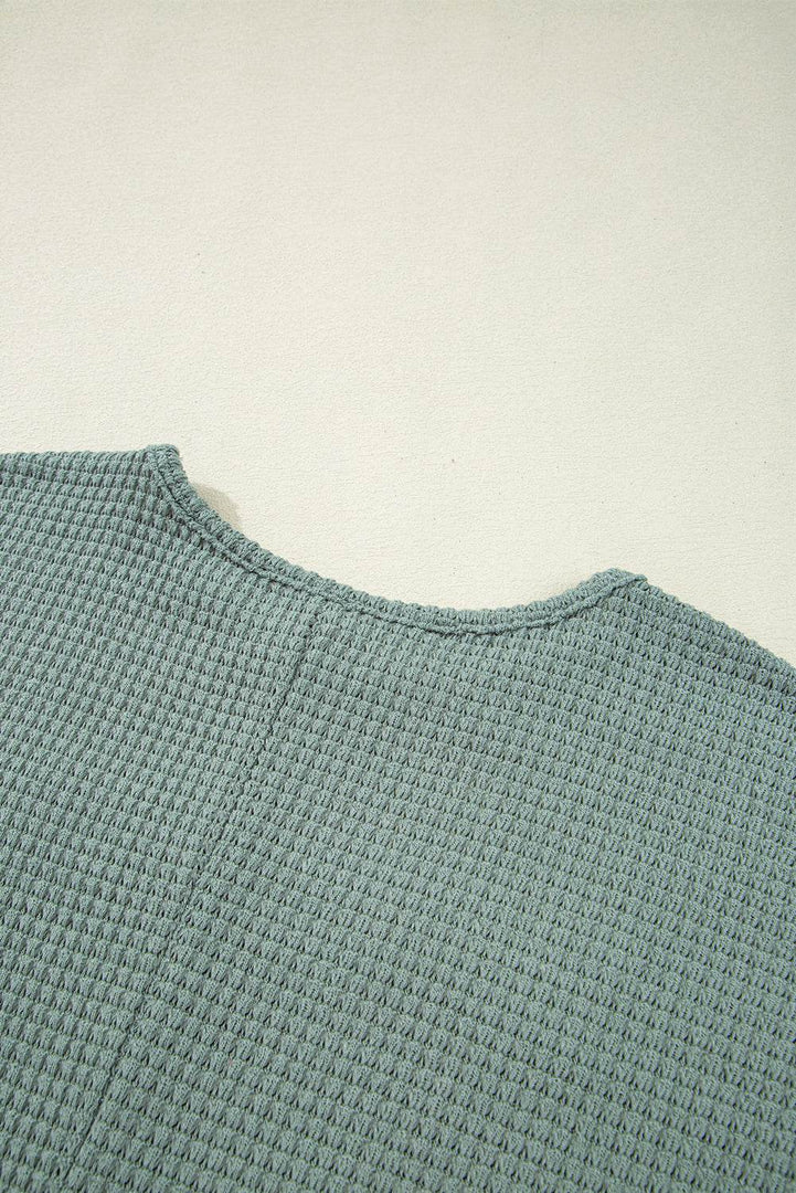 Mist Green Lace Patchwork Waffle Short Sleeve Top - Fashion Queen -  13