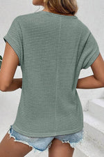 Load image into Gallery viewer, Mist Green Lace Patchwork Waffle Short Sleeve Top - Fashion Queen -  2
