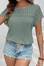 Load image into Gallery viewer, Mist Green Lace Patchwork Waffle Short Sleeve Top - Fashion Queen -  3
