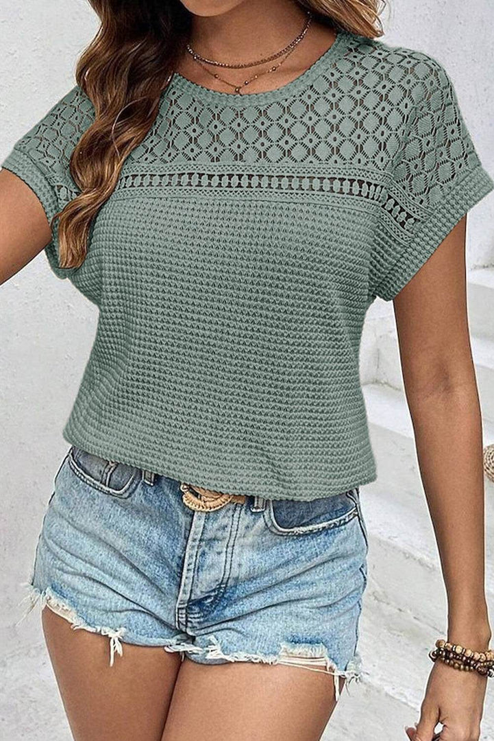 Mist Green Lace Patchwork Waffle Short Sleeve Top - Fashion Queen -  3