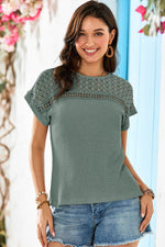 Load image into Gallery viewer, Mist Green Lace Patchwork Waffle Short Sleeve Top - Fashion Queen -  4
