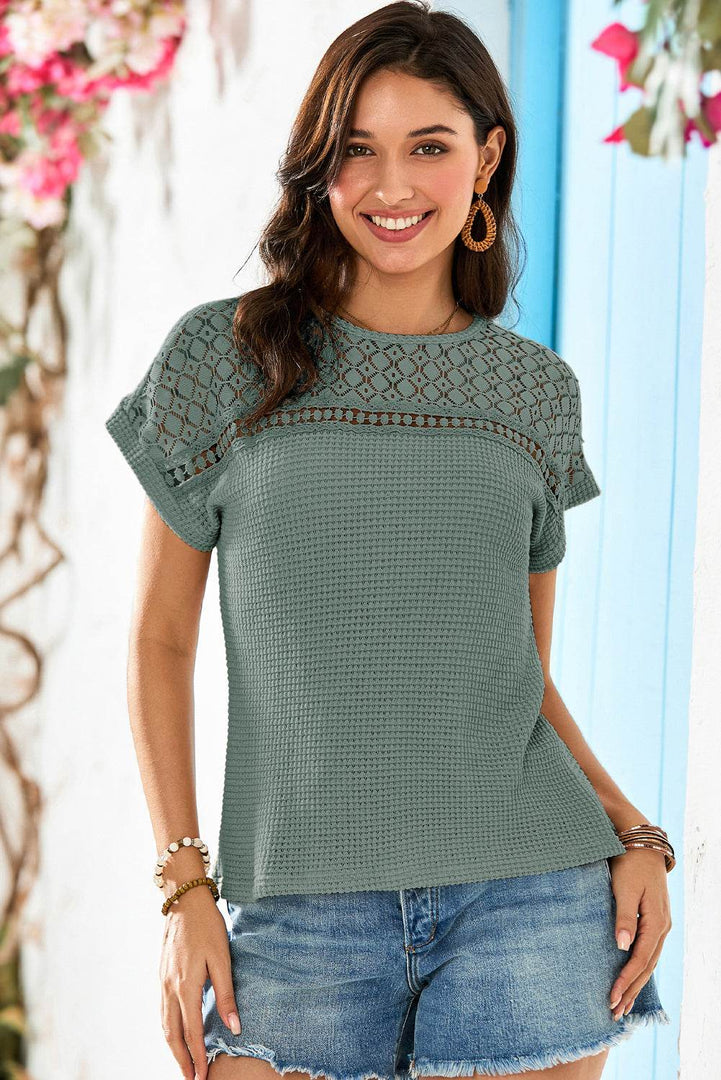 Mist Green Lace Patchwork Waffle Short Sleeve Top - Fashion Queen -  4
