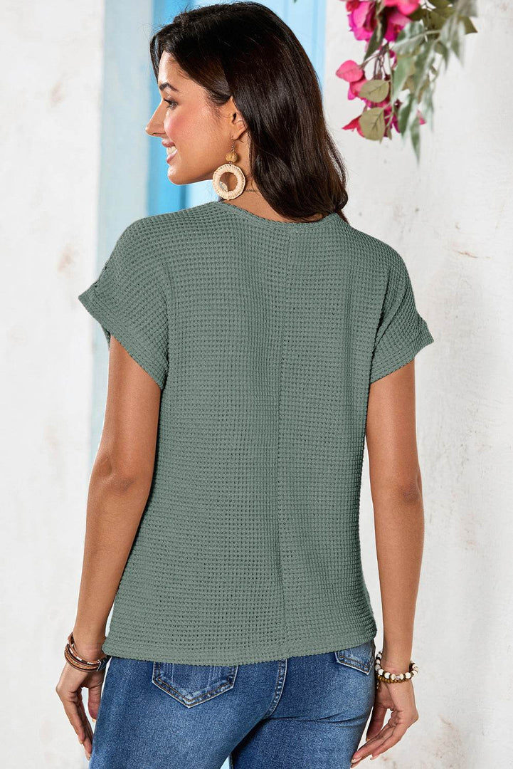 Mist Green Lace Patchwork Waffle Short Sleeve Top - Fashion Queen -  6