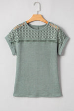 Load image into Gallery viewer, Mist Green Lace Patchwork Waffle Short Sleeve Top - Fashion Queen -  8
