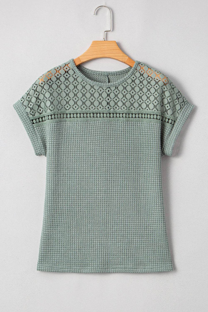 Mist Green Lace Patchwork Waffle Short Sleeve Top - Fashion Queen -  8