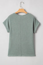 Load image into Gallery viewer, Mist Green Lace Patchwork Waffle Short Sleeve Top - Fashion Queen -  9
