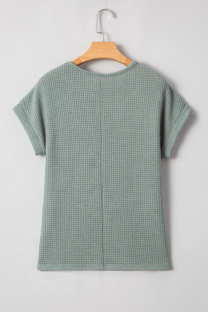 Mist Green Lace Patchwork Waffle Short Sleeve Top - Fashion Queen -  9