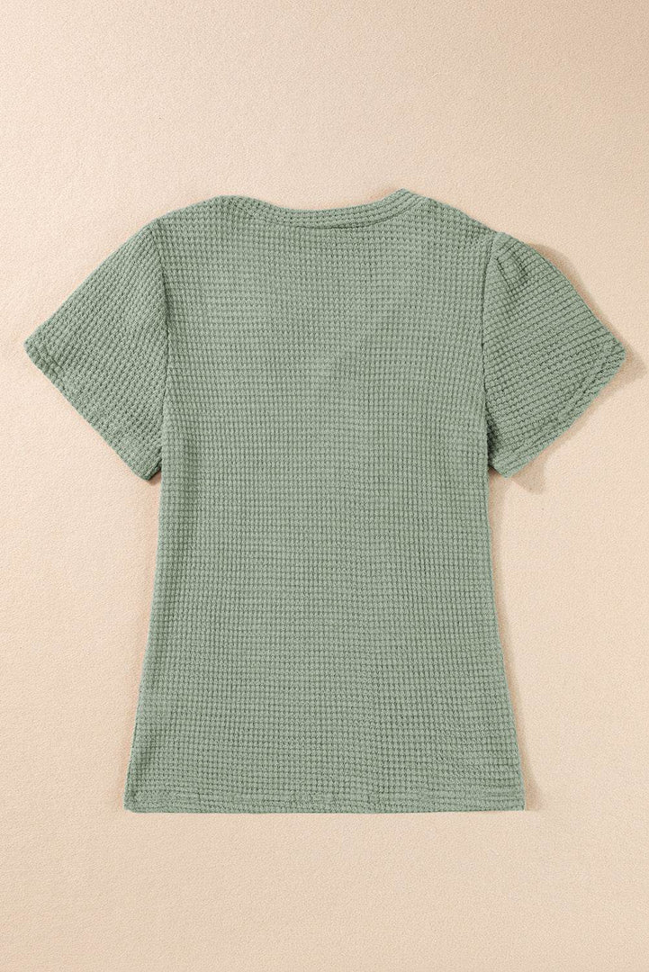 Mist Green V Neck Petal Sleeve Waffle Knit T-Shirt - Fashion Queen -  10