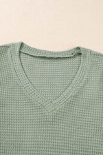 Load image into Gallery viewer, Mist Green V Neck Petal Sleeve Waffle Knit T-Shirt - Fashion Queen -  12
