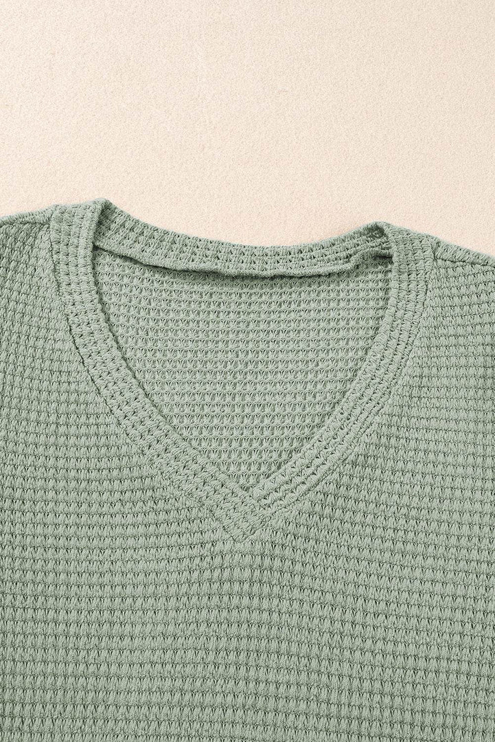 Mist Green V Neck Petal Sleeve Waffle Knit T-Shirt - Fashion Queen -  12