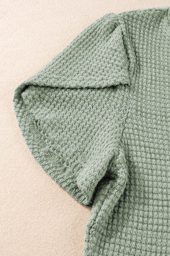 Mist Green V Neck Petal Sleeve Waffle Knit T-Shirt - Fashion Queen -  15