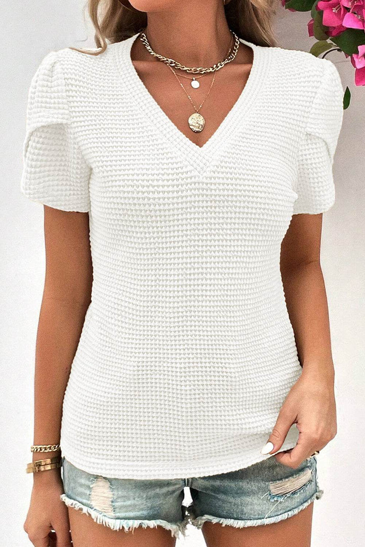 Mist Green V Neck Petal Sleeve Waffle Knit T-Shirt - Fashion Queen -  16