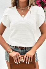 Load image into Gallery viewer, Mist Green V Neck Petal Sleeve Waffle Knit T-Shirt - Fashion Queen -  17
