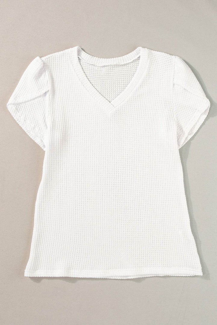 Mist Green V Neck Petal Sleeve Waffle Knit T-Shirt - Fashion Queen -  18