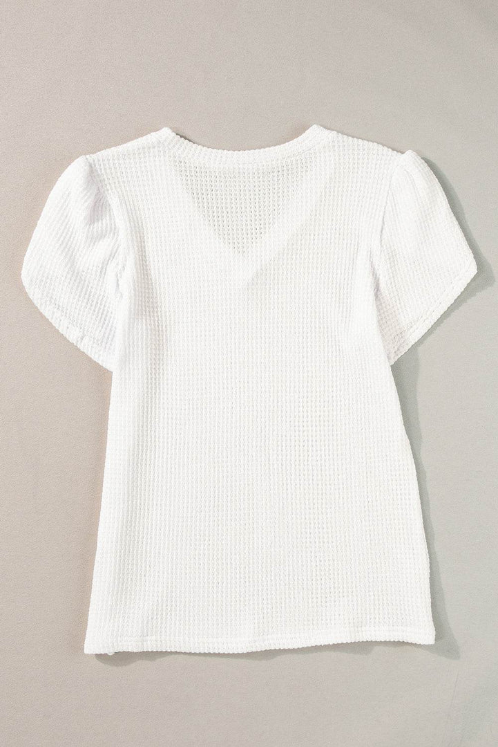 Mist Green V Neck Petal Sleeve Waffle Knit T-Shirt - Fashion Queen -  19