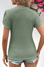 Load image into Gallery viewer, Mist Green V Neck Petal Sleeve Waffle Knit T-Shirt - Fashion Queen -  2
