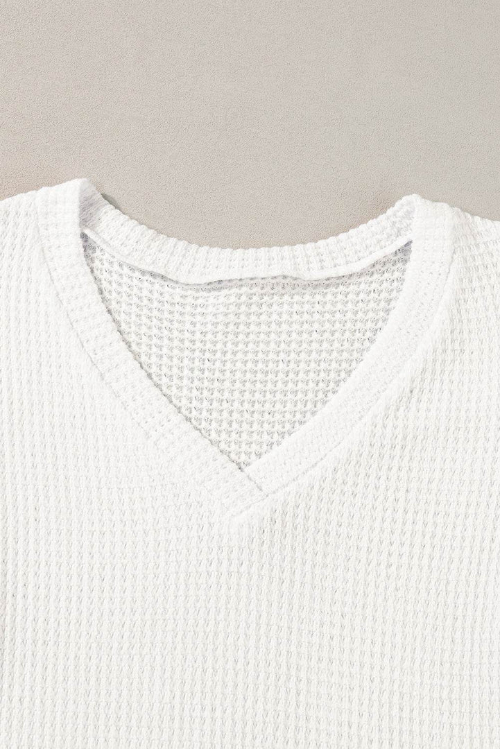 Mist Green V Neck Petal Sleeve Waffle Knit T-Shirt - Fashion Queen -  20