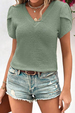 Load image into Gallery viewer, Mist Green V Neck Petal Sleeve Waffle Knit T-Shirt - Fashion Queen -  3

