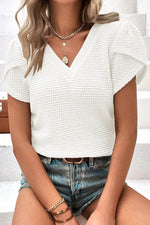Load image into Gallery viewer, Mist Green V Neck Petal Sleeve Waffle Knit T-Shirt - Fashion Queen -  4
