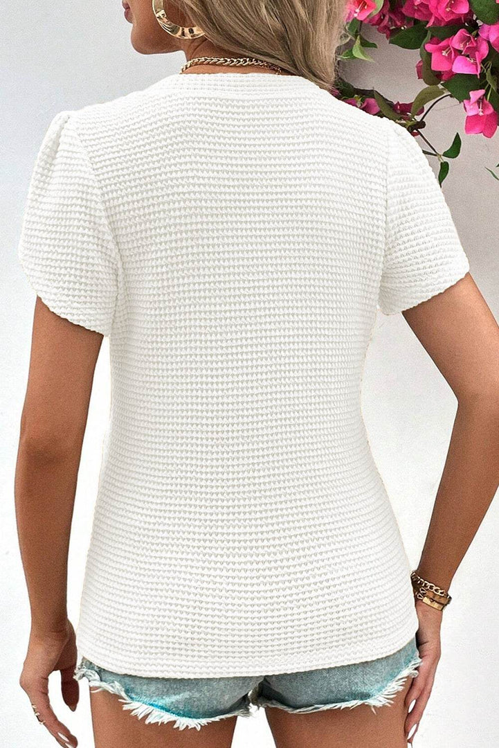 Mist Green V Neck Petal Sleeve Waffle Knit T-Shirt - Fashion Queen -  5
