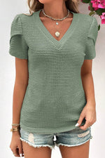 Load image into Gallery viewer, Mist Green V Neck Petal Sleeve Waffle Knit T-Shirt - Fashion Queen -  7
