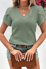 Load image into Gallery viewer, Mist Green V Neck Petal Sleeve Waffle Knit T-Shirt - Fashion Queen -  8

