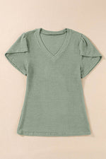 Load image into Gallery viewer, Mist Green V Neck Petal Sleeve Waffle Knit T-Shirt - Fashion Queen -  9
