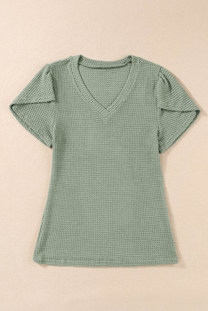Mist Green V Neck Petal Sleeve Waffle Knit T-Shirt - Fashion Queen -  9