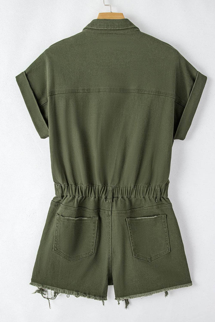 Moss Green Distressed Frayed Denim Romper - Fashion Queen -  11