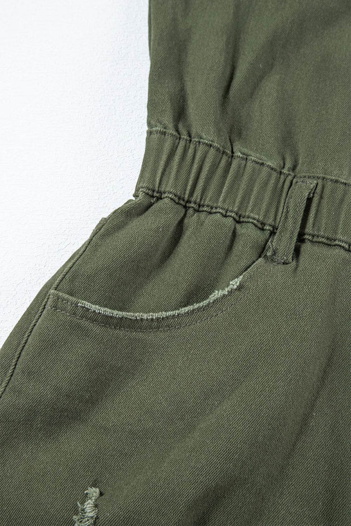 Moss Green Distressed Frayed Denim Romper - Fashion Queen -  16