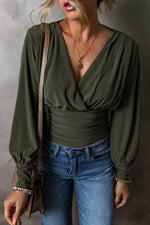 Load image into Gallery viewer, Moss Green Ruched Wrap V Neck Long Sleeve Bodysuit - Fashion Queen -  1
