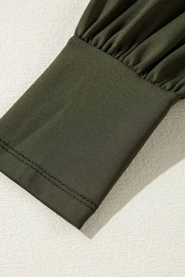 Moss Green Ruched Wrap V Neck Long Sleeve Bodysuit - Fashion Queen -  10