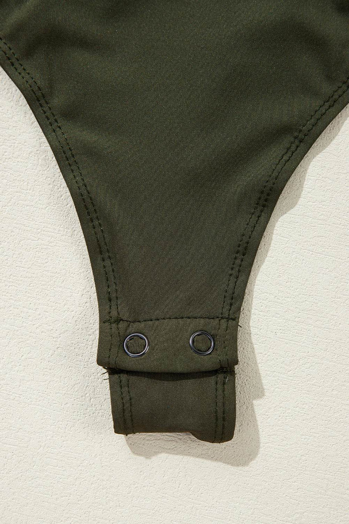 Moss Green Ruched Wrap V Neck Long Sleeve Bodysuit - Fashion Queen -  11