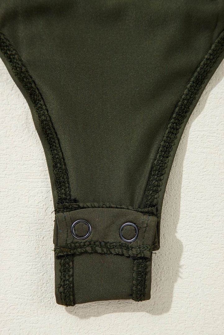 Moss Green Ruched Wrap V Neck Long Sleeve Bodysuit - Fashion Queen -  12