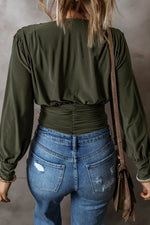 Load image into Gallery viewer, Moss Green Ruched Wrap V Neck Long Sleeve Bodysuit - Fashion Queen -  2
